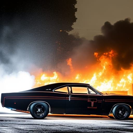 Black Dodge Charger in Rain and Fire