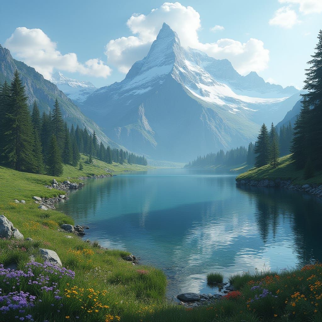 Alpine Lake Reflection: Hyperrealistic Mountain Scene