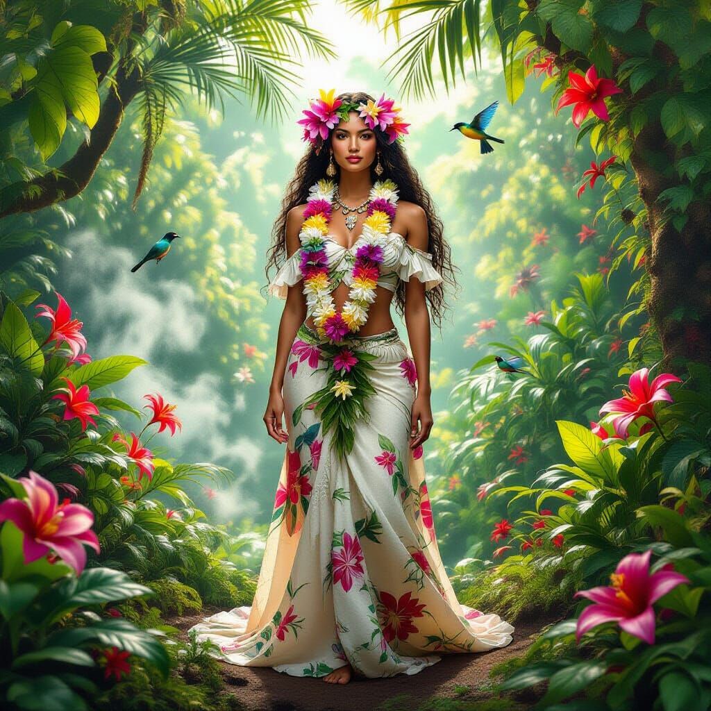 Hawaiian Goddess in Lush Photorealistic Rainforest