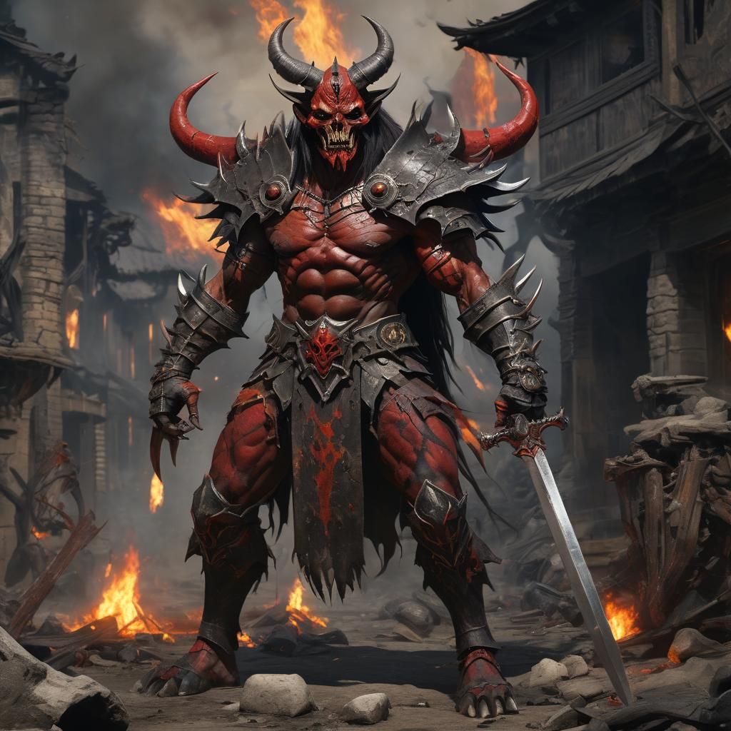 Sinister Armored Demon with Flaming Blade