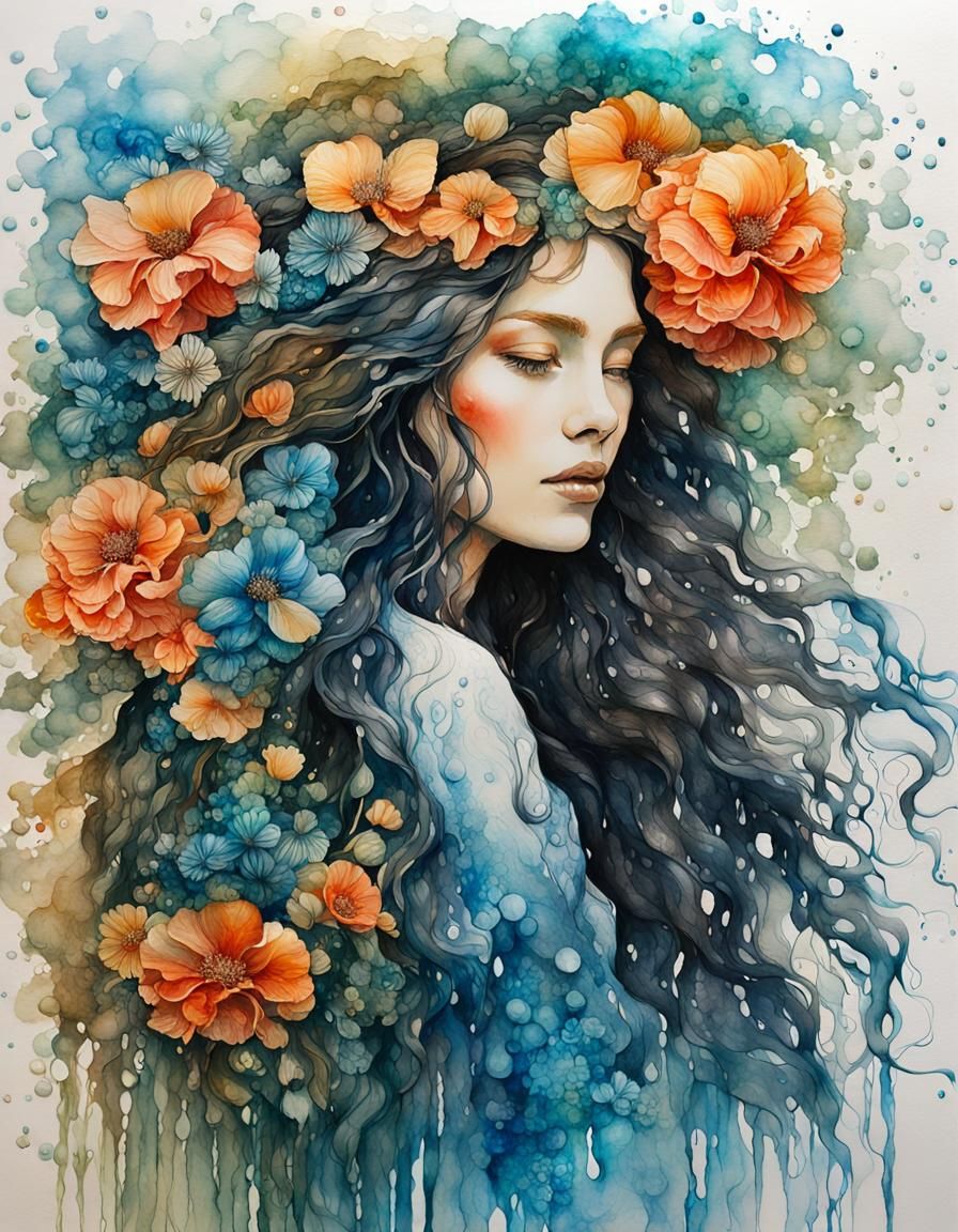Woman with Flowers: Alcohol Ink and Gouache Art