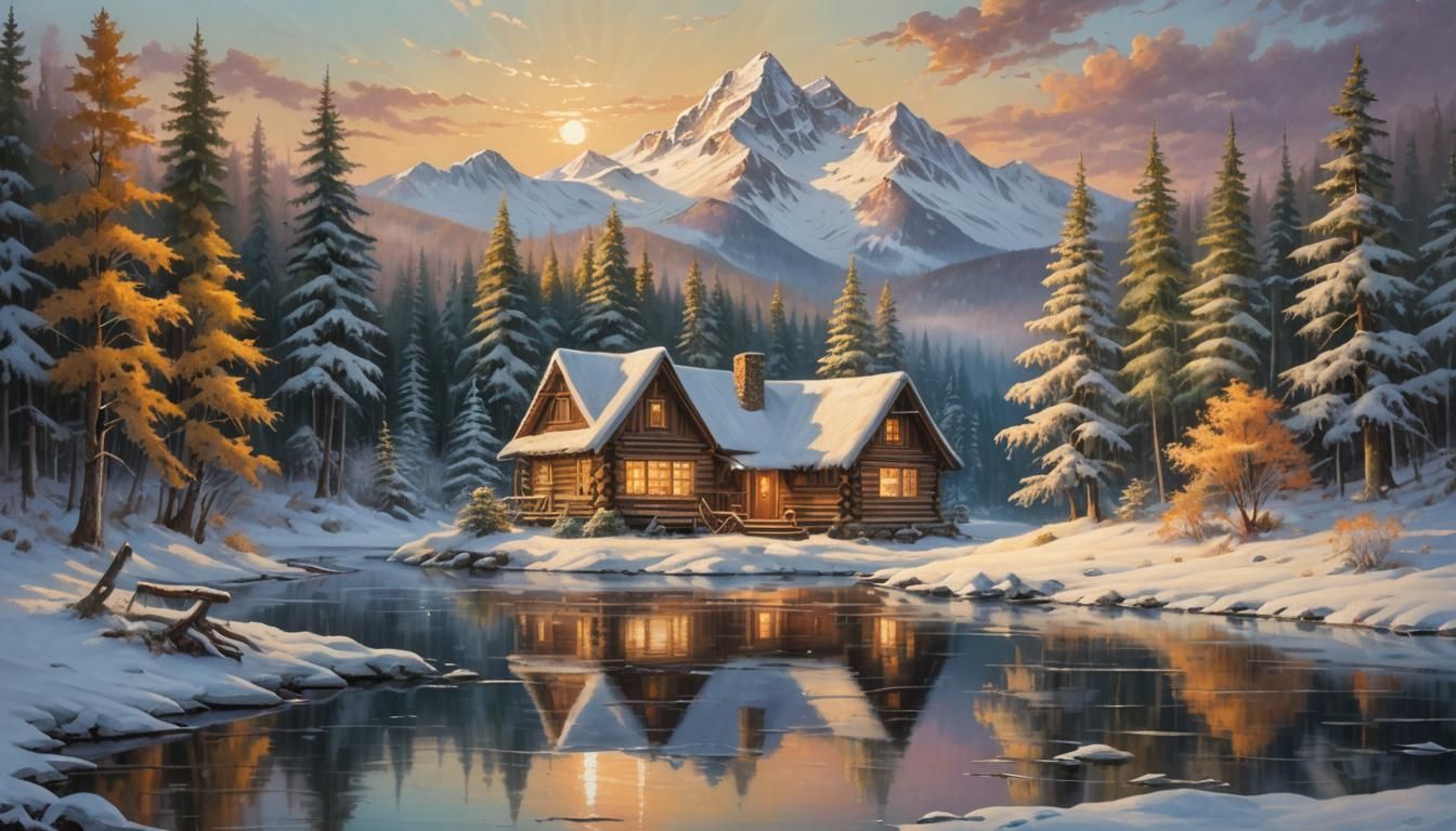 Idyllic Snow Cabin Landscape in Oil Painting Style