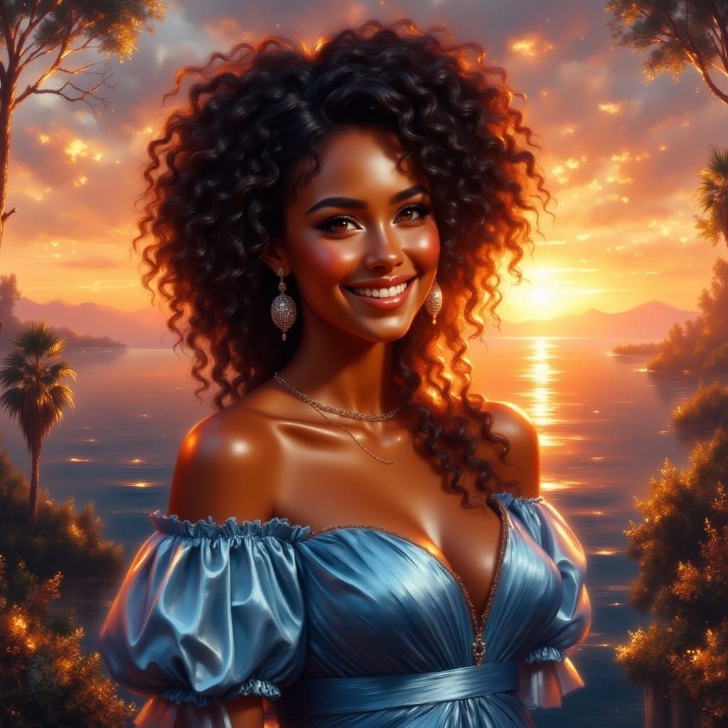 Medieval Woman in Romantic Sunset, Art Nouveau Style