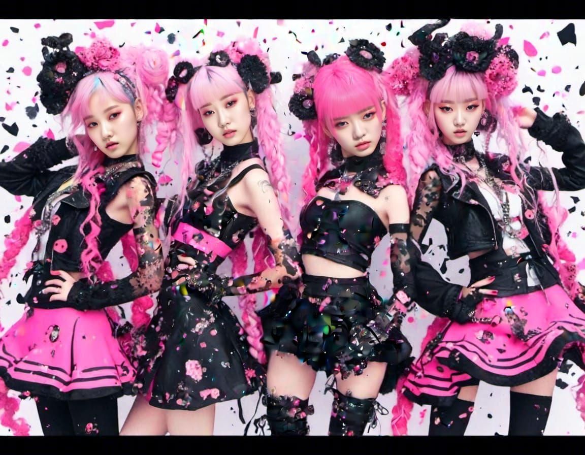 cute korean girl band in pink and black