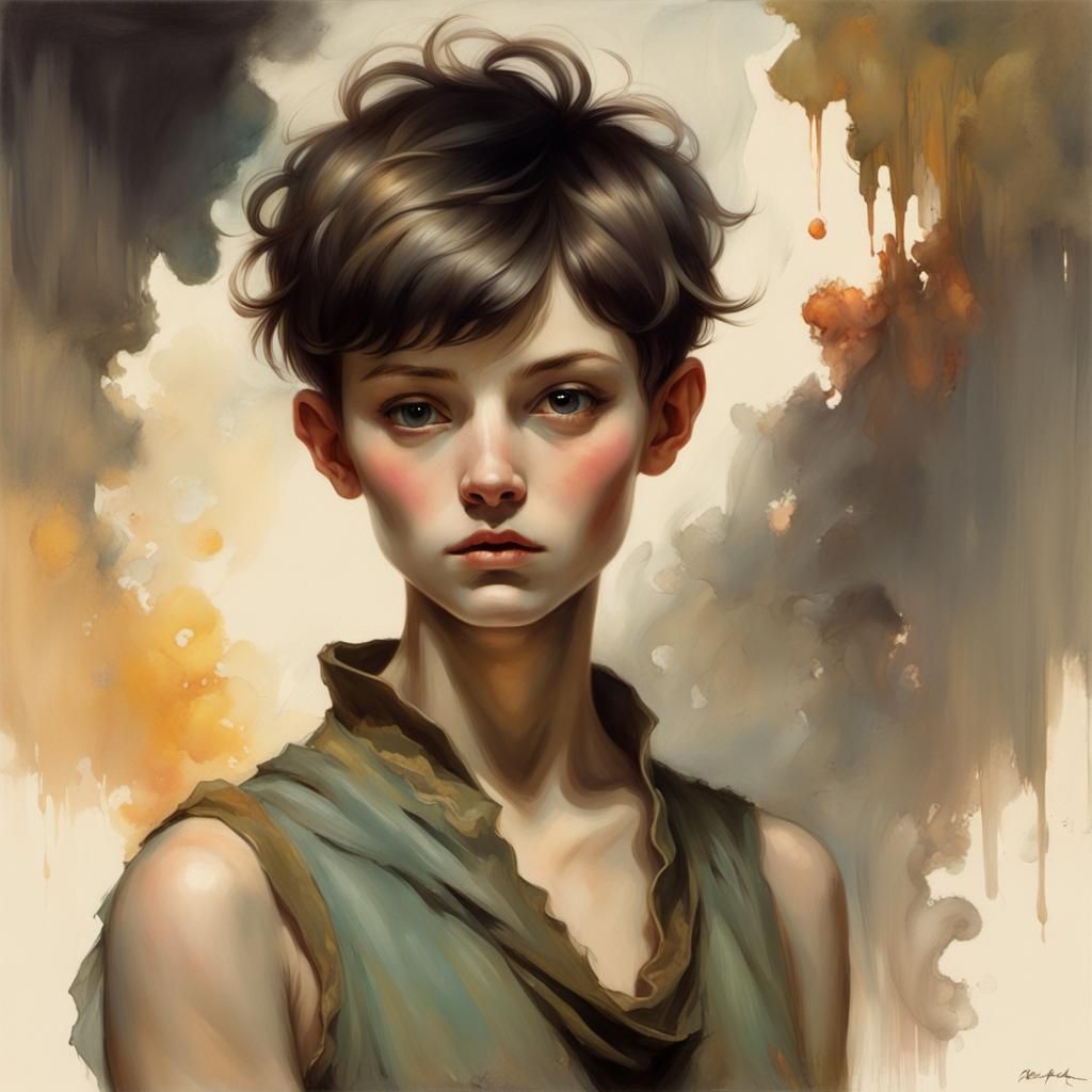 Detailed Portrait Painting with Pixie Haircut