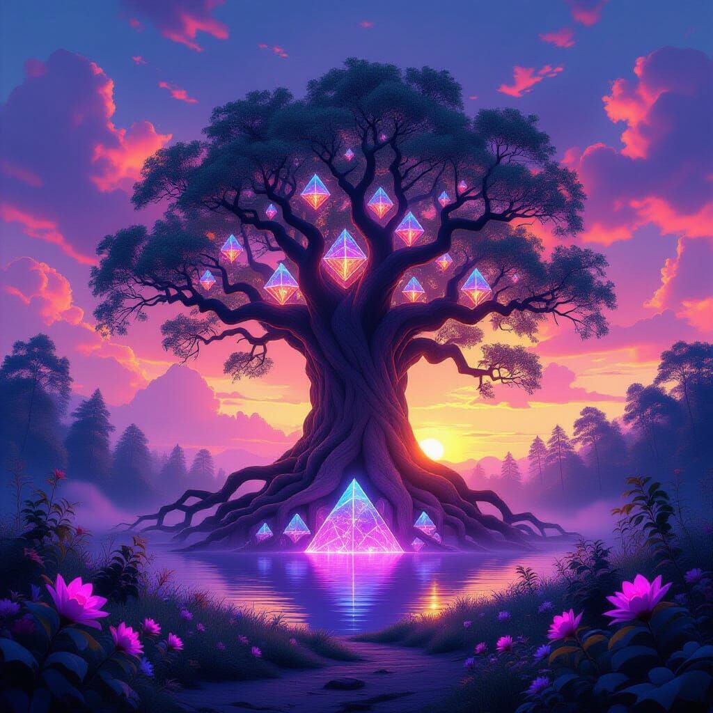 Bioluminescent Tree in Mystical Forest Illustration