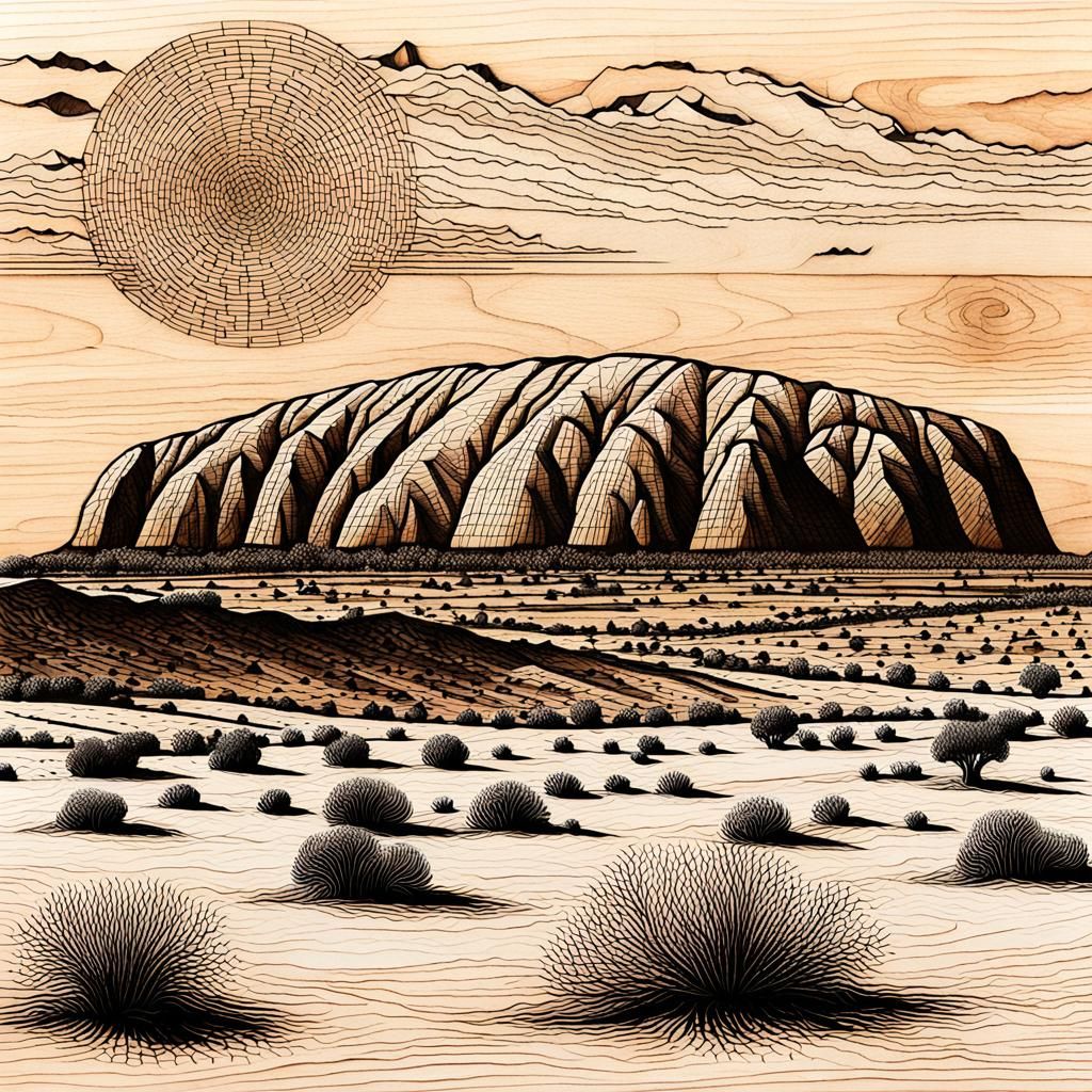 Burned Wood Mosaic of Uluru in 3D