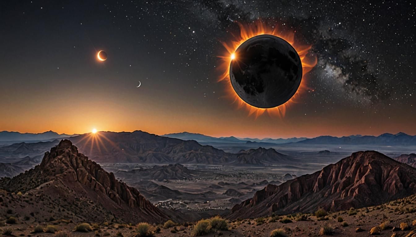 Eclipsing Moons Over Desert Mountains