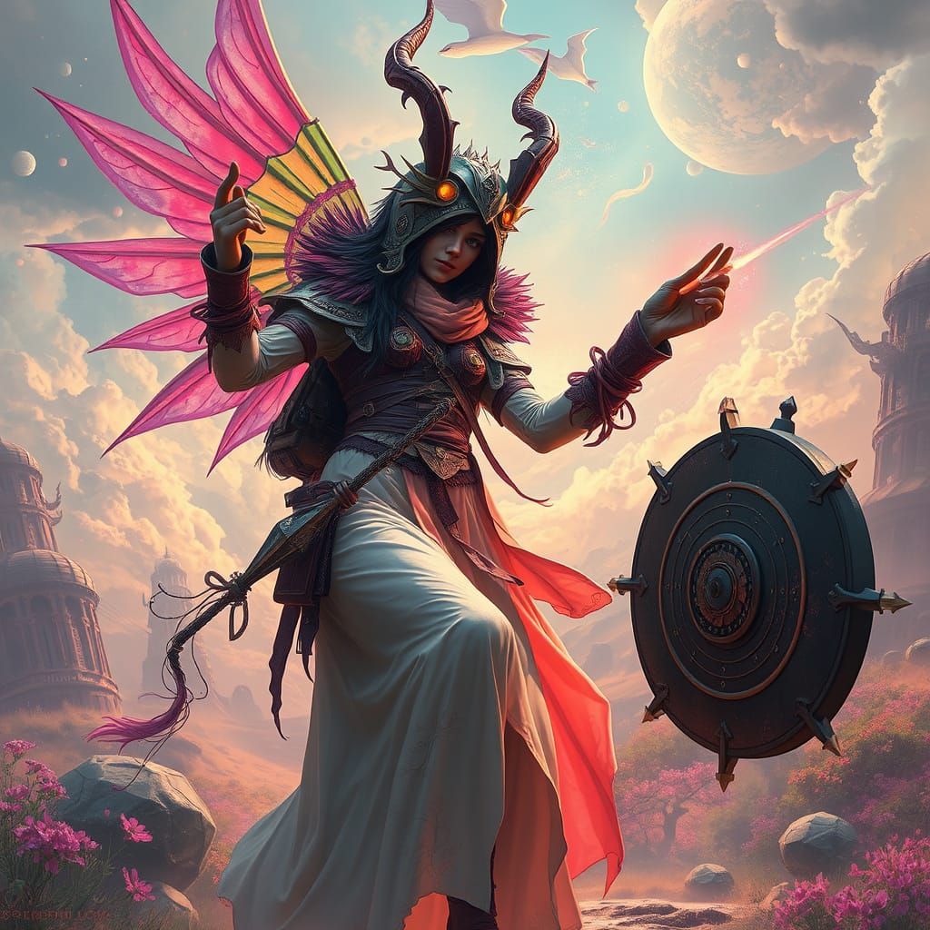 Elf Priestess Casting Gravity Spell in Dreamy Landscape