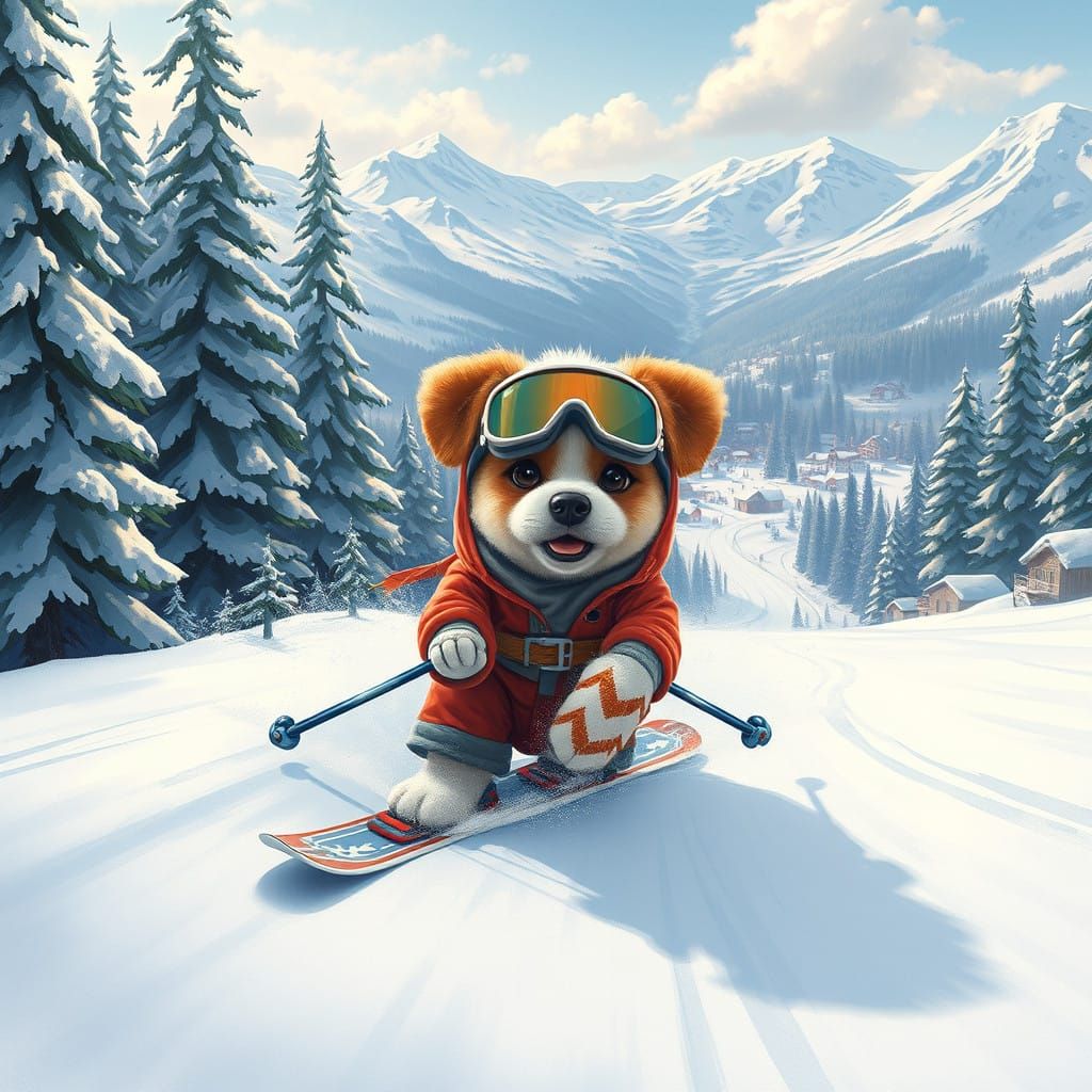 Whimsical Puppy Skiing Down a Fantasy Ski Hill
