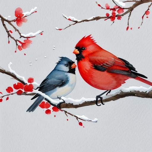 Red Cardinals in Ink and Watercolor: Impressionist Style