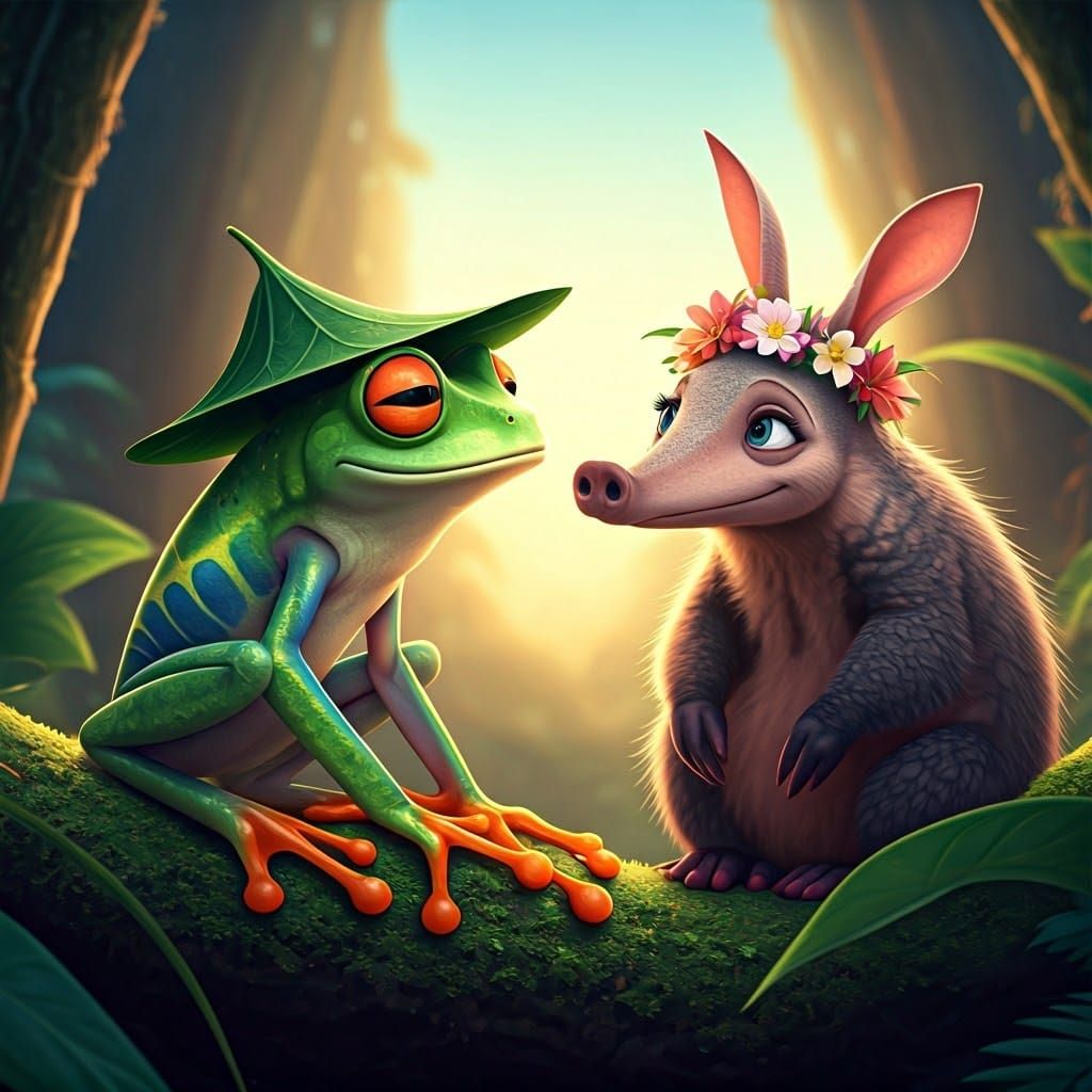 Tree Frog and Aardvark Love in Pixar Style