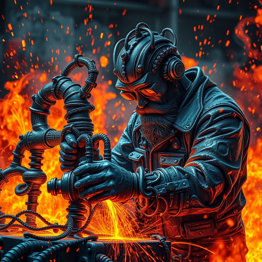 Master Locksmith Shaping Molten Metal in Surreal Style