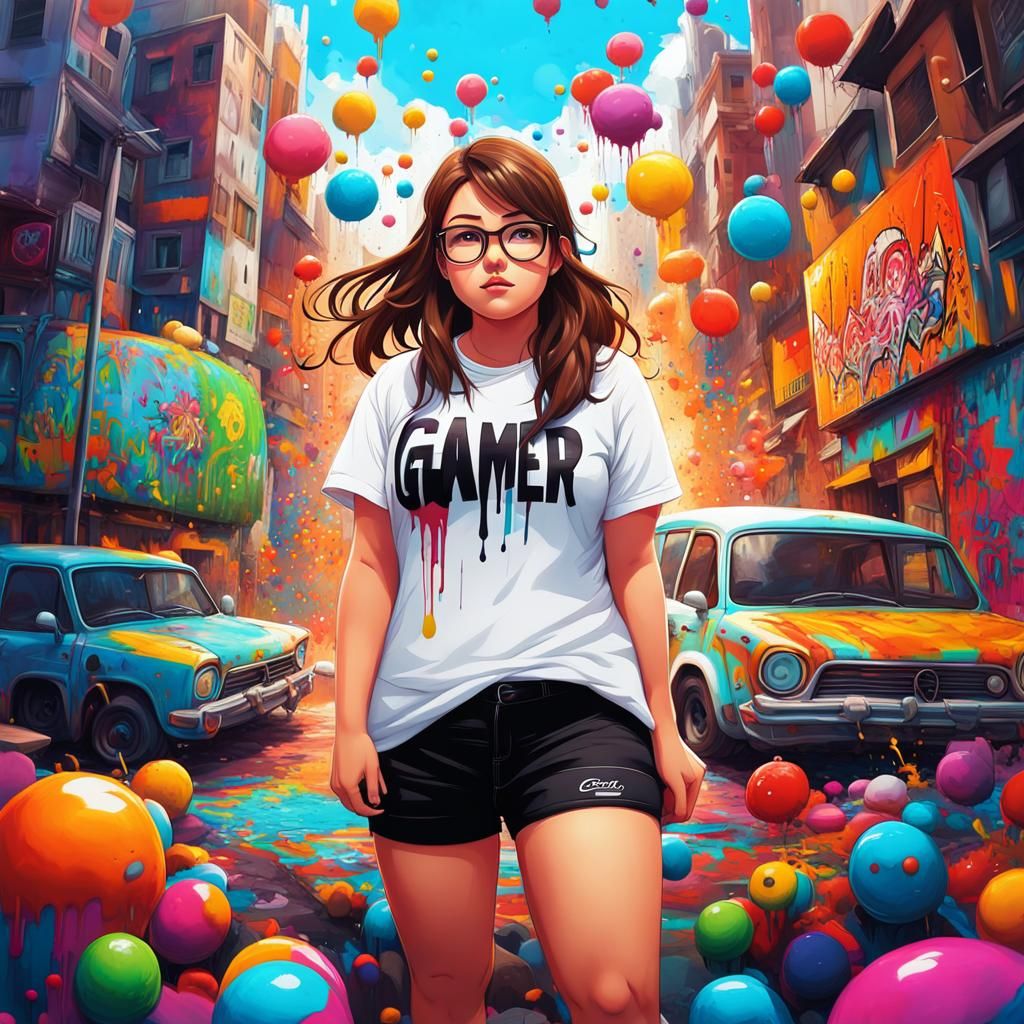 Anime Woman in a Whimsical Gamer's Paradise