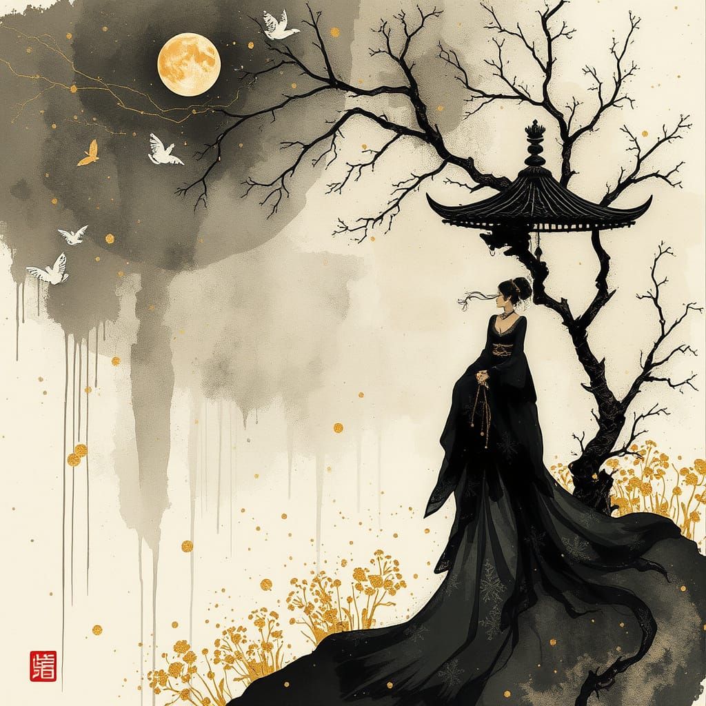 Chinese Courtesan in Traditional Alcohol Ink Style