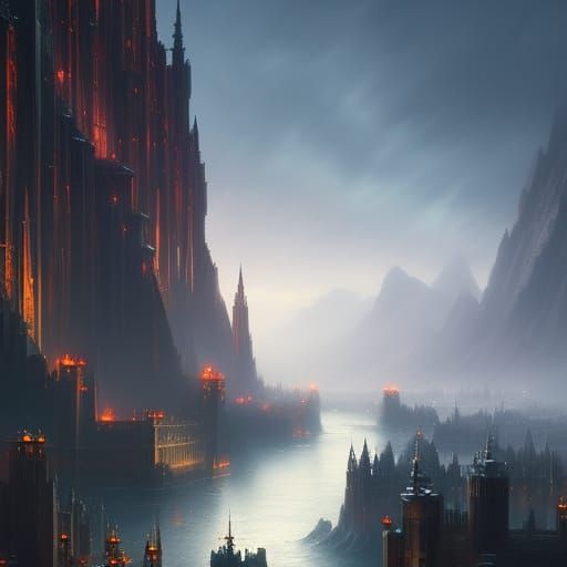 Gothic Fantasy City at Dawn in Oil Painting Style