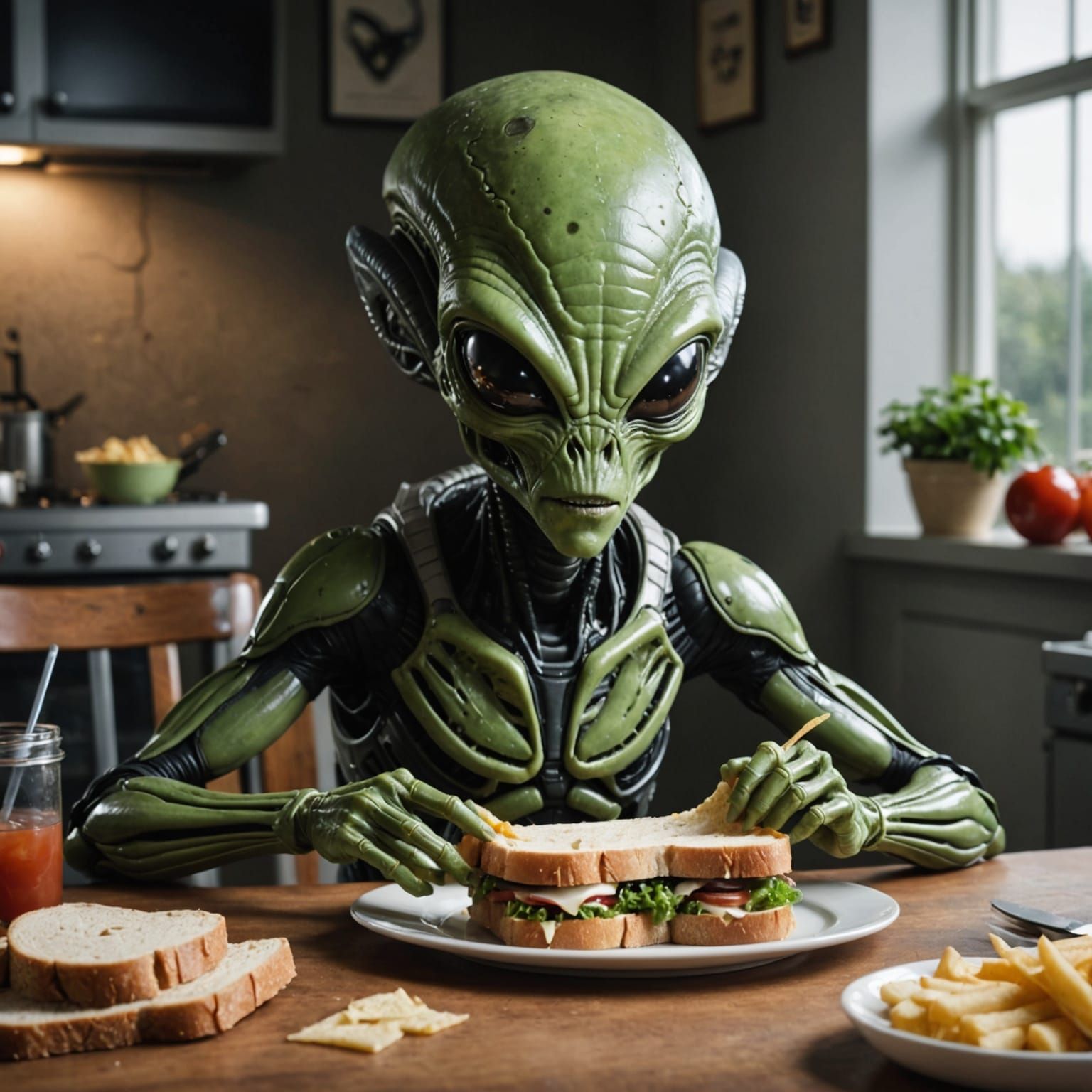 An Alien Enjoying a Sandwich
