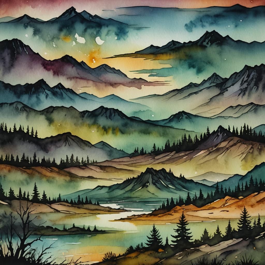 Alcohol Ink Landscape Painting: Cinematic Film Still