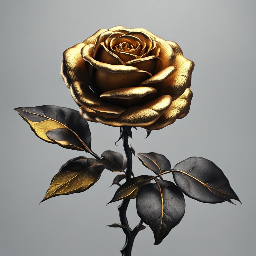 Detailed Golden Rose with Black Stem, Matte Painting