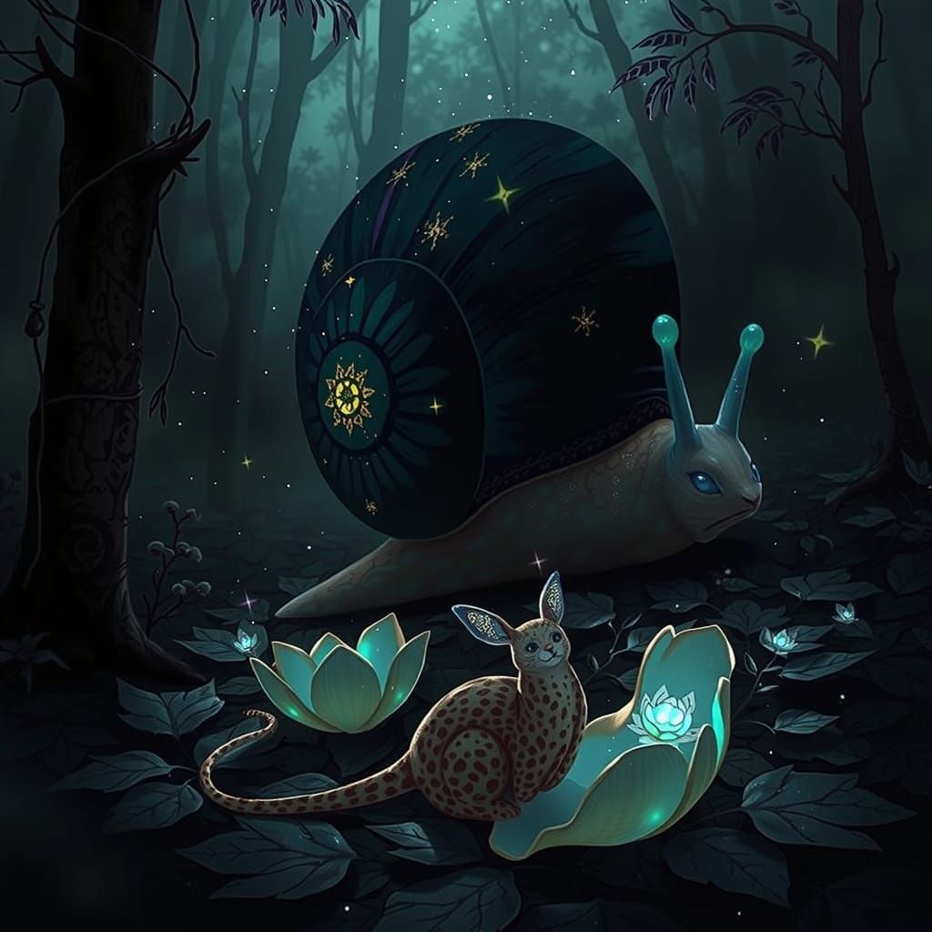 Dreamlike Fluffy Cheetah Snail Illustration in Whimsical Sty...