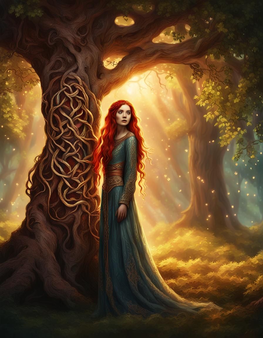 Celtic Woman in Mystical Forest, Hyperrealistic Art