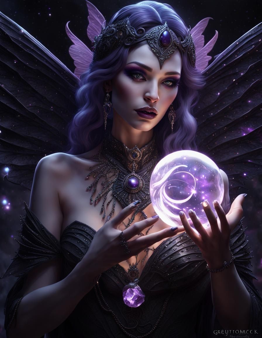 Dark Fairy Queen with Crystal Ball, Hyperrealistic Art