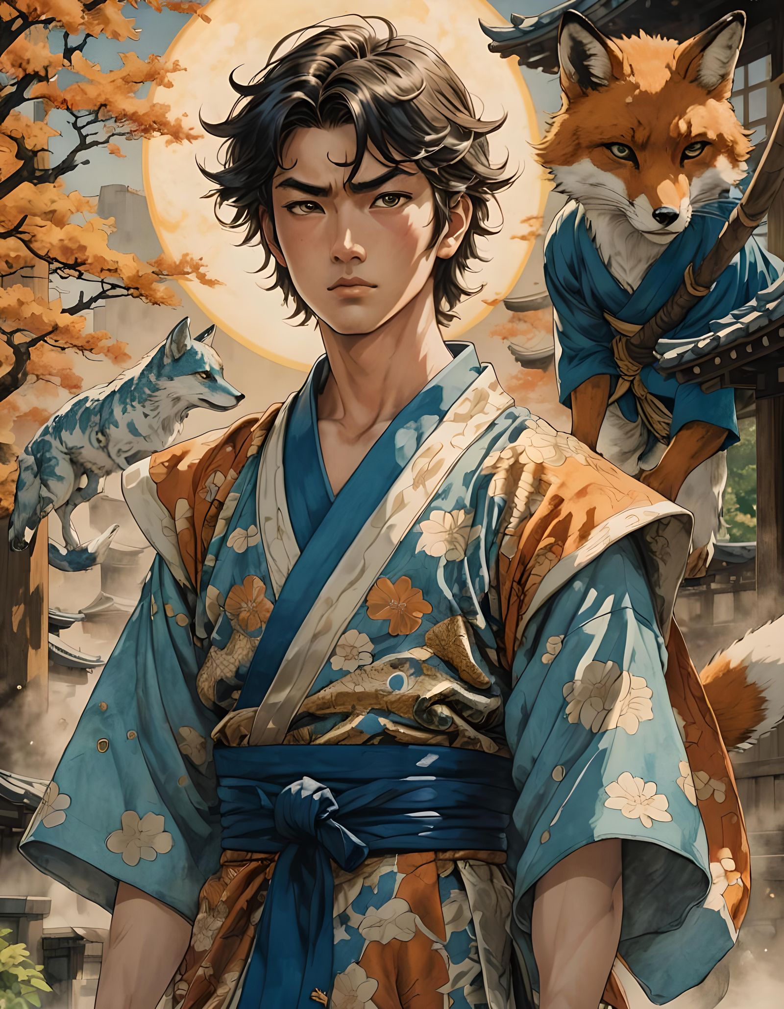 Fox God Warrior in Japanese Ninja Kimono