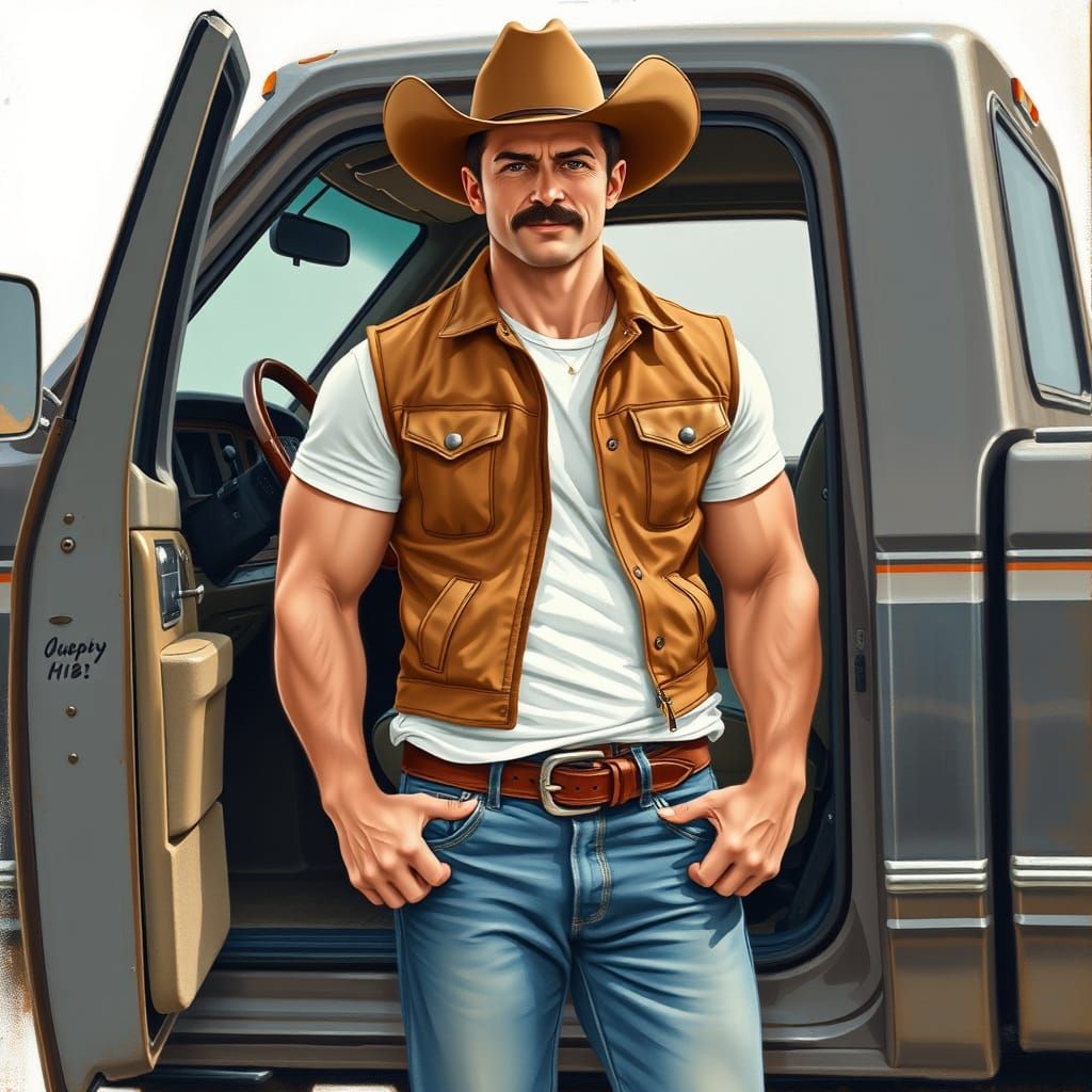 Gouache Painting of a Cowboy by His Truck