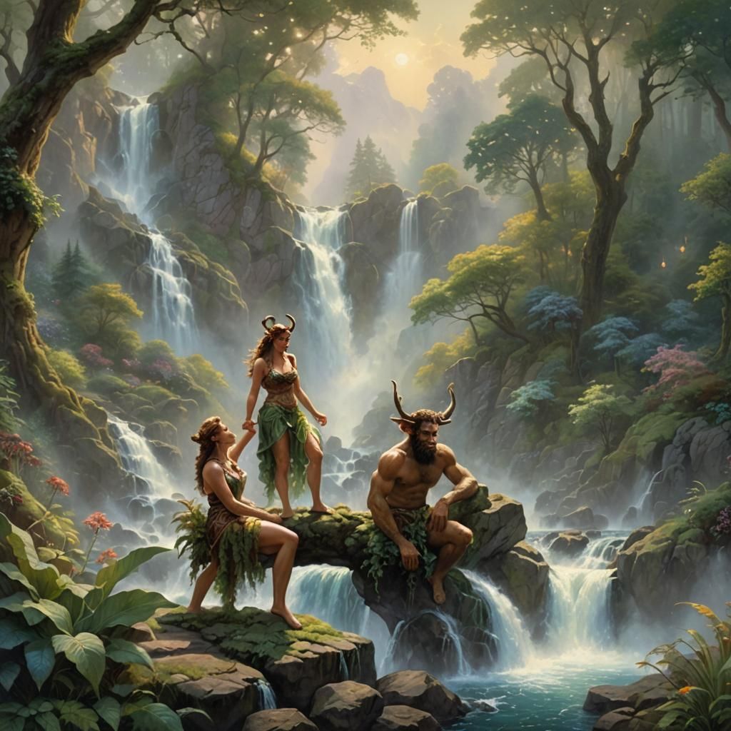 Female Satyr and Human Male in Ethereal Forest
