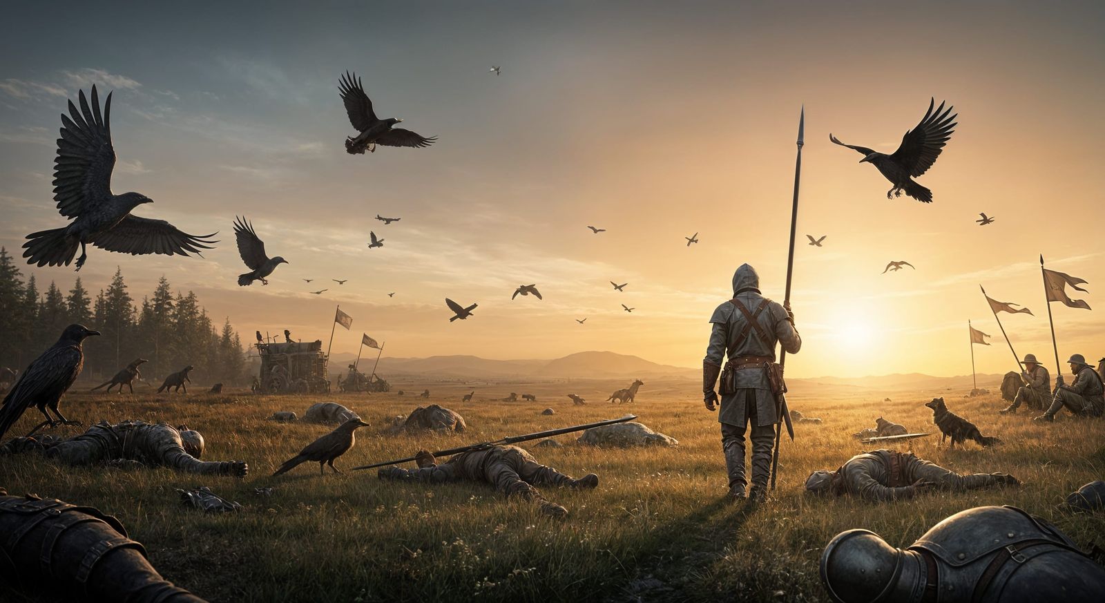 Fantasy Soldier Walks Battlefield at Sunset in Luis Royo Sty...