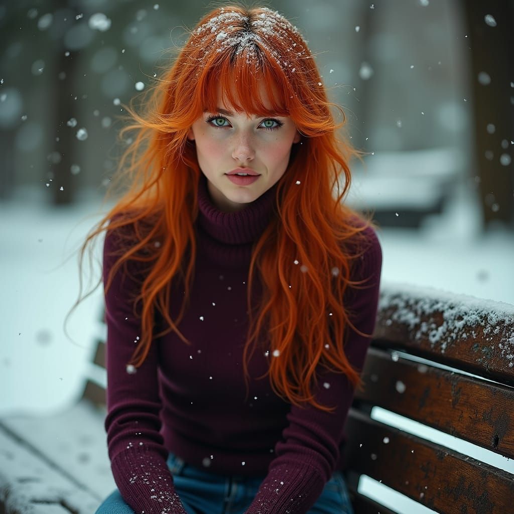 Elegant Red-Headed Woman in Snowy Landscape