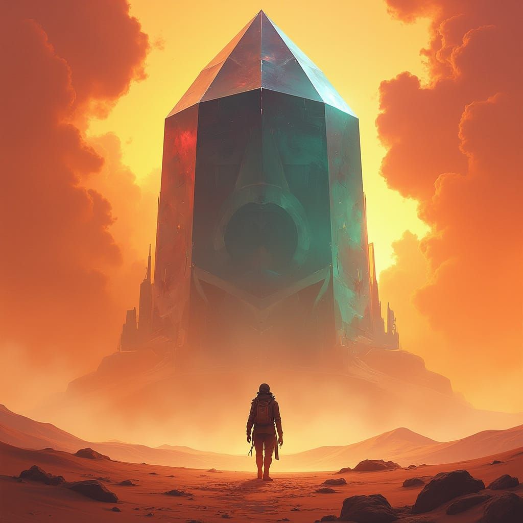 Lone Explorer Meets Alien Crystal City in Desert Sandstorm