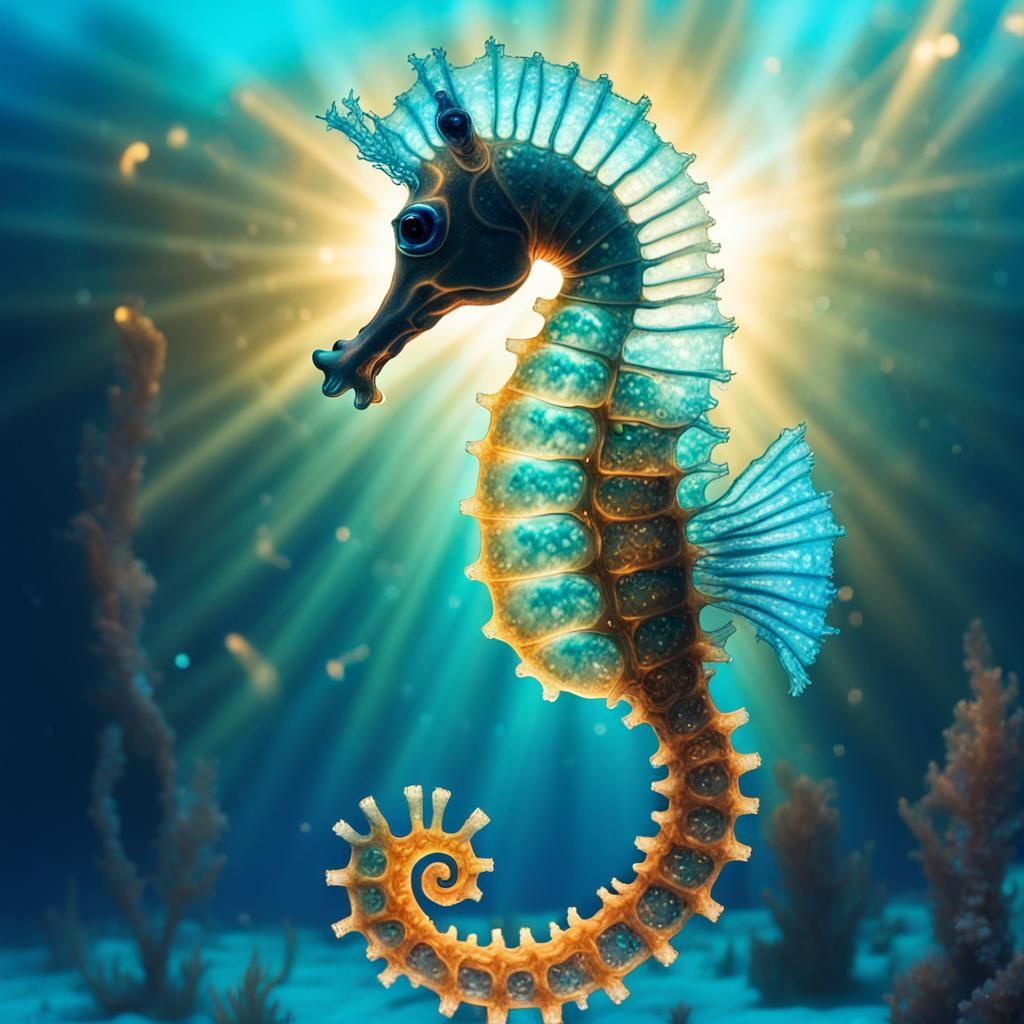Bioluminescent Seahorse in Shimmering Blue Sea