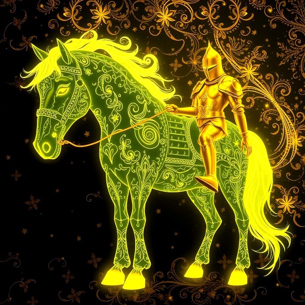 Bioluminescent Horse with Golden Knight and Filigree
