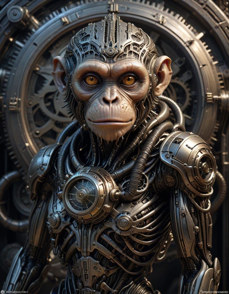 Eldritch Clockwork Monkey in Hyperrealistic Cyberpunk Style