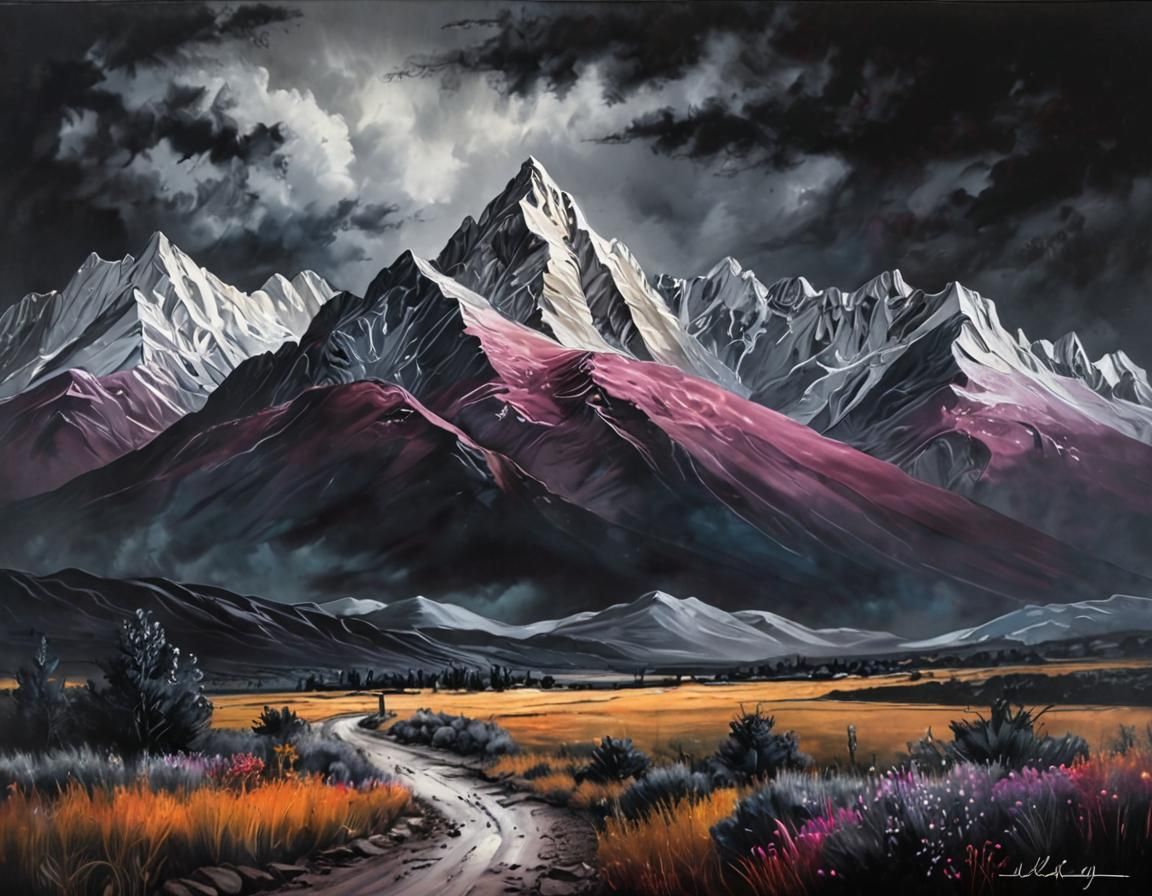 Pastel Mountain Range in Oil with Silver Ink