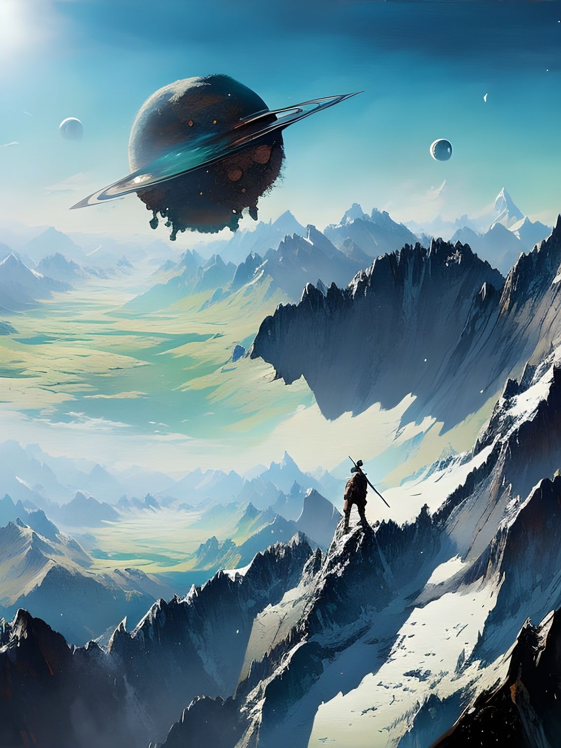 Planet in Balance on Mountain Peak: Detailed Matte Painting