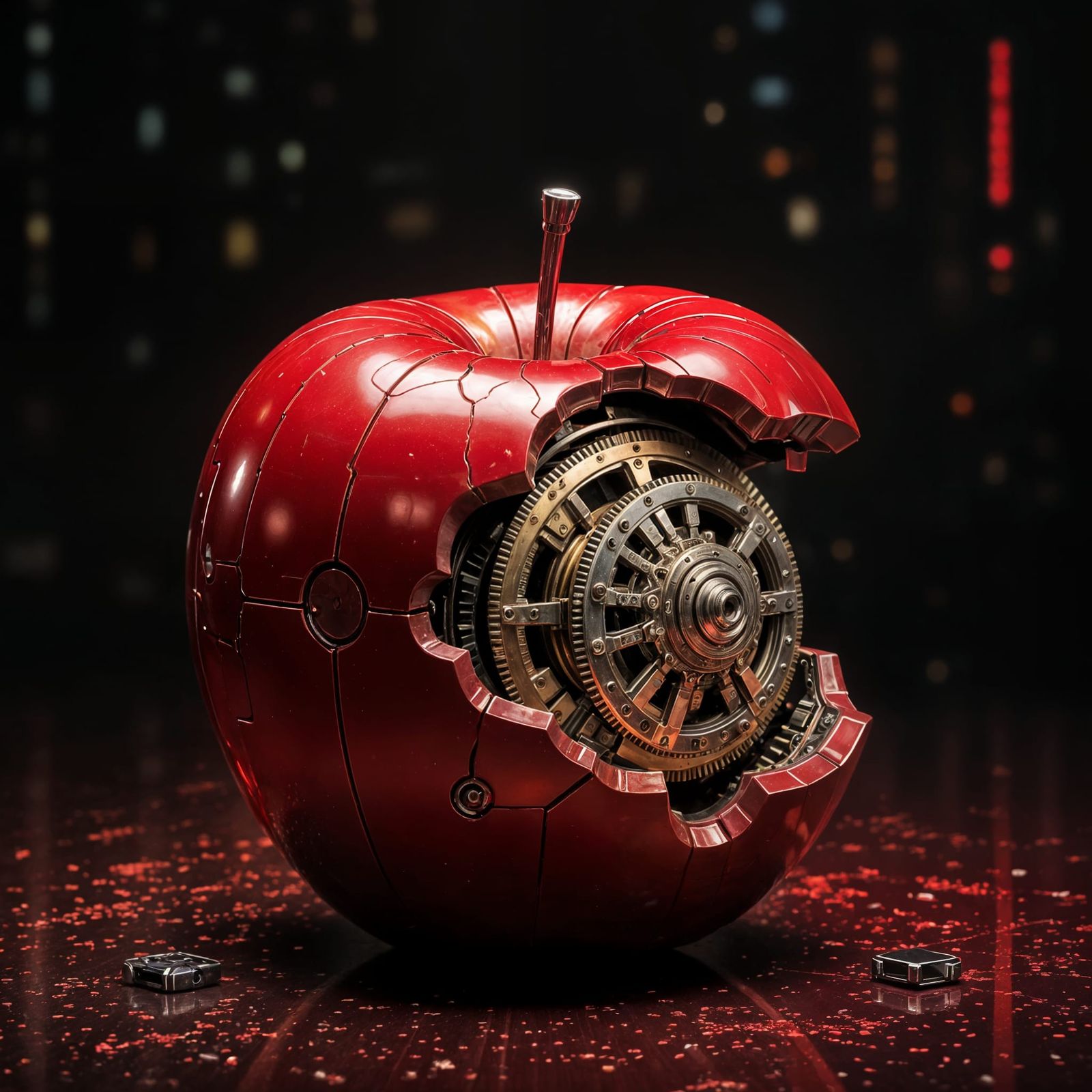 Chrome Apple with Clockwork Inside in Cyberpunk Style