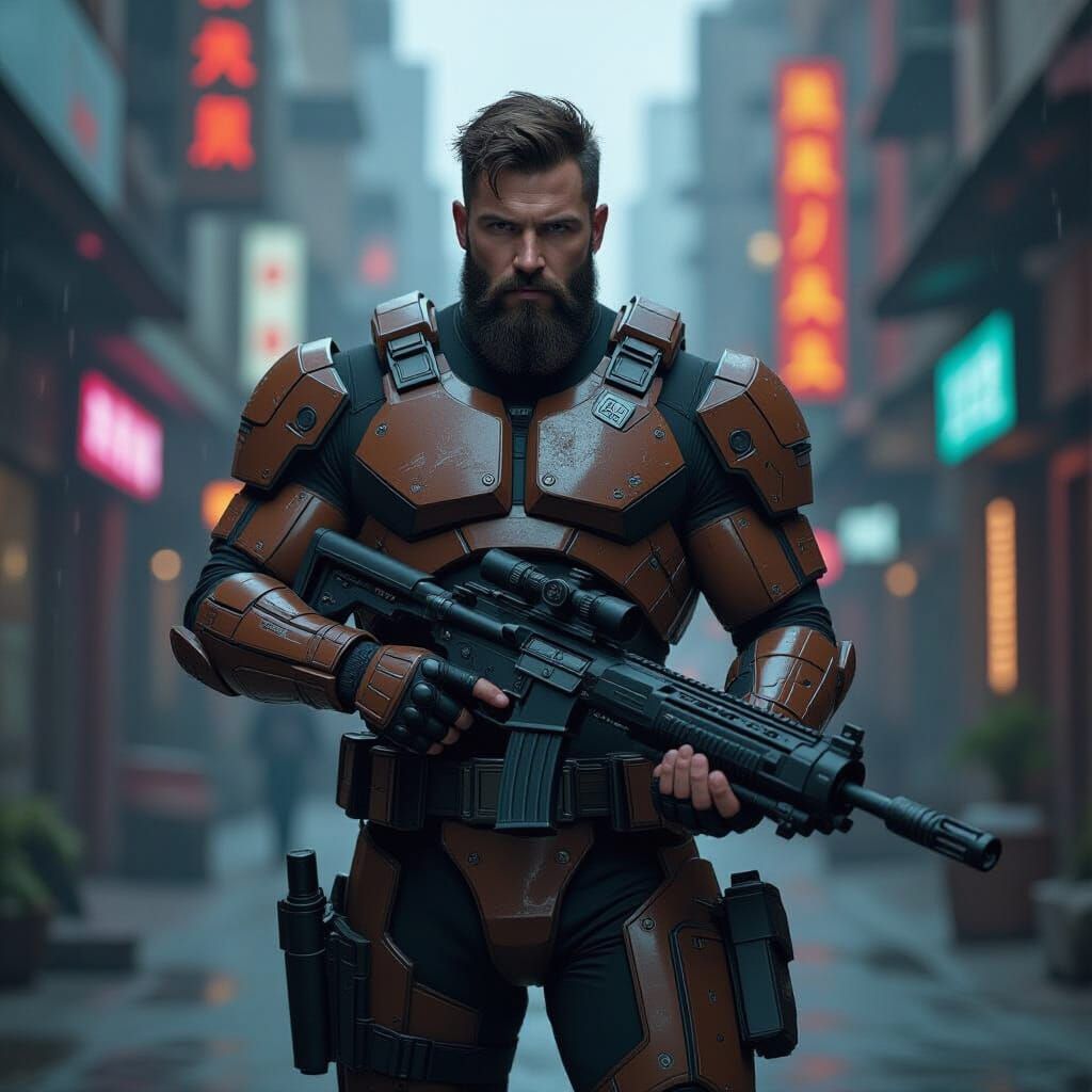 Cyberpunk Warrior in Neon Cityscape