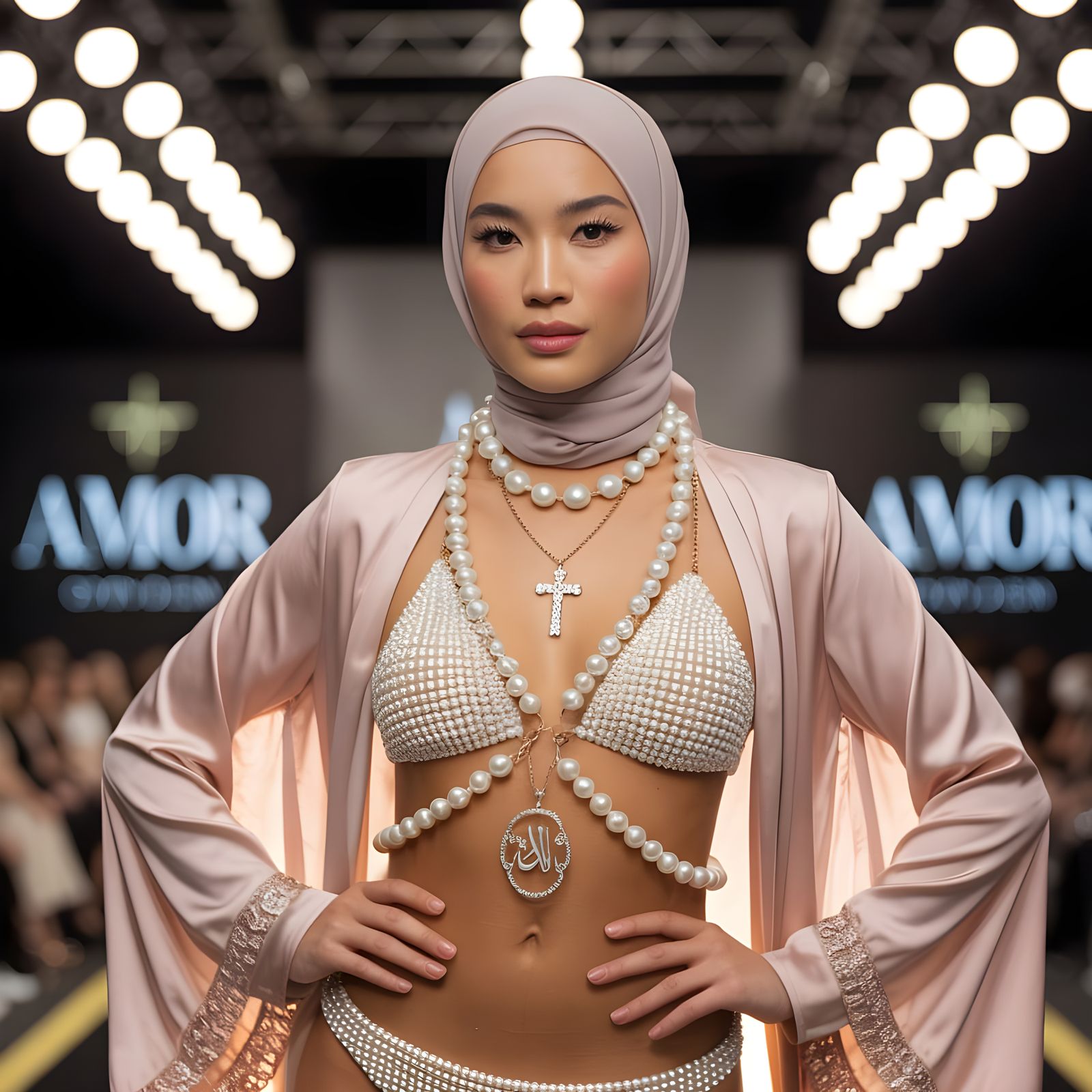 Elegant Asian Woman in Pearl Bikini at Fashion Show