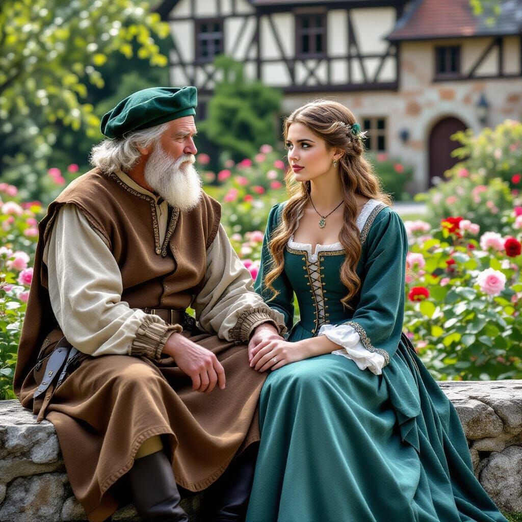 Old Man and Young Woman in Garden, Impressionist Style