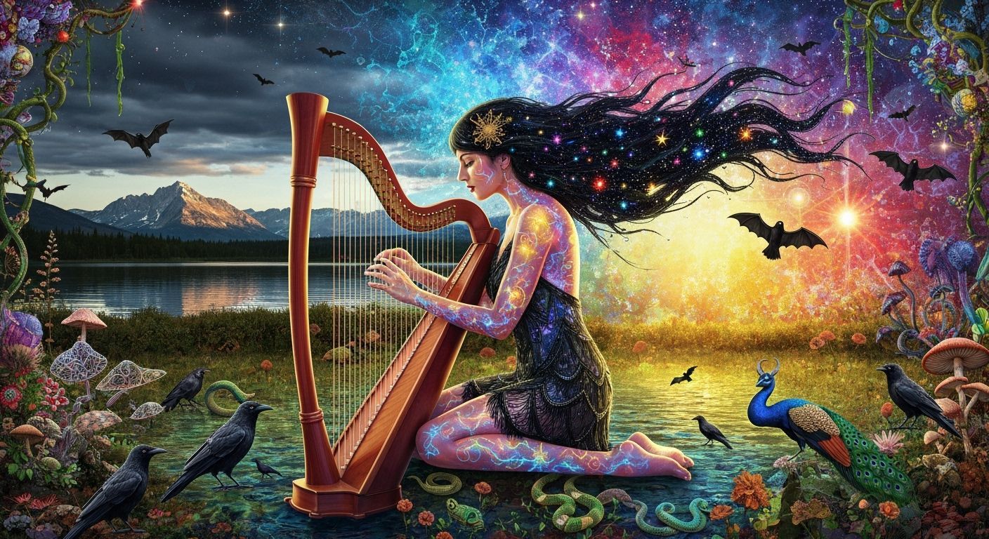 Cosmic Musician Composing Harp Music with Stardust Hair