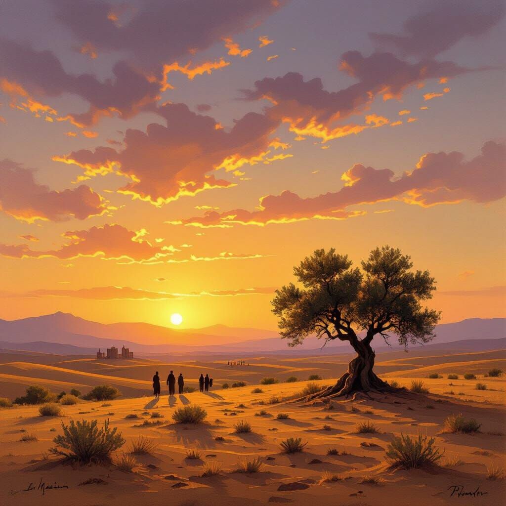 Desert Sunset Oil Painting with Ancient Olive Tree