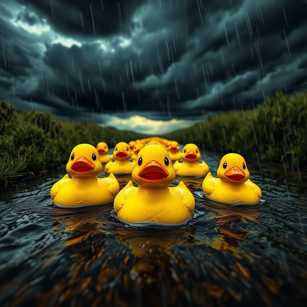 Surreal Yellow Duckies Chase Stormy Stream in Hyperrealistic...