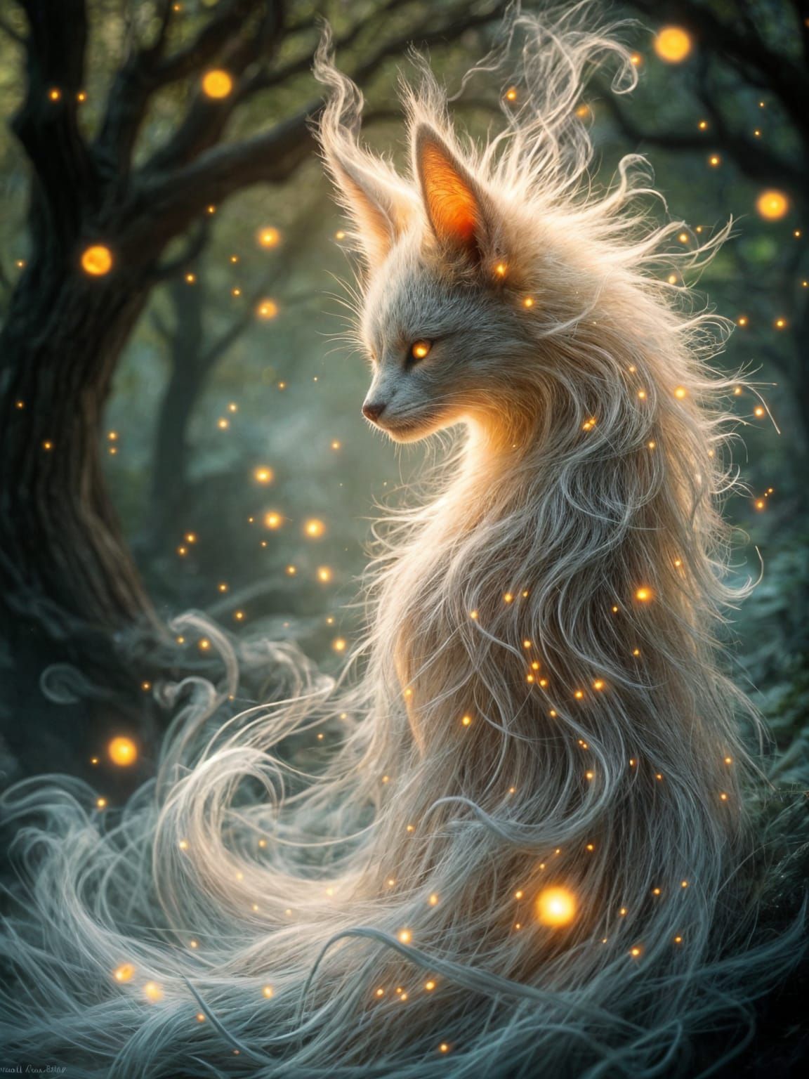Bioluminescent Smoky Kitsune in Magical Forest