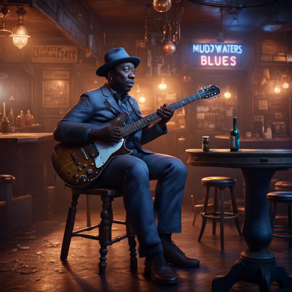 Muddy Waters blues guitarist sitting on a chair playing guitar in a blues bar.