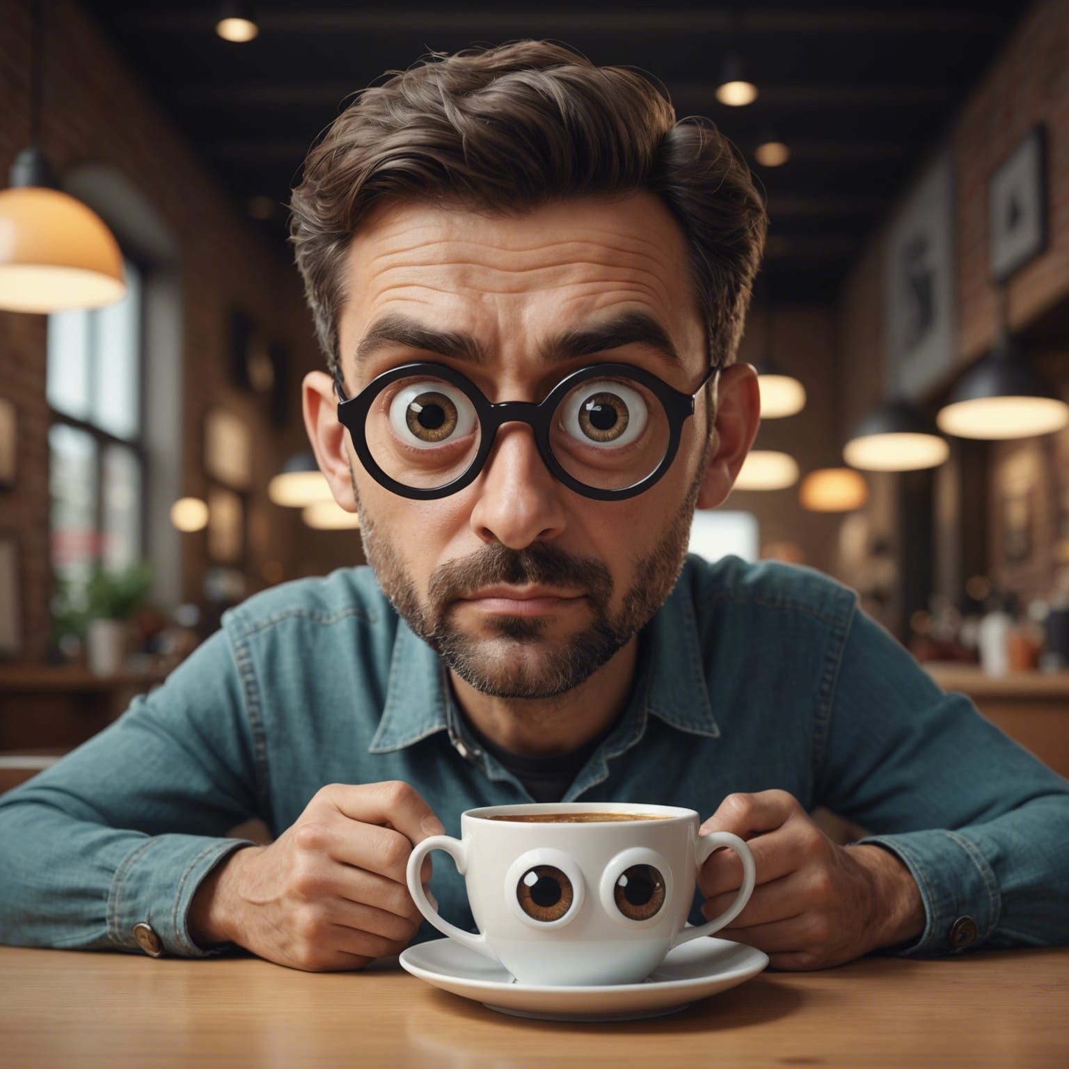 Man Stares Intently at Coffee in Cartoon Style