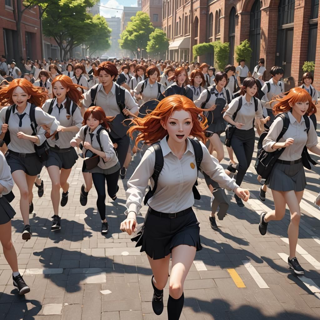 Anime Style: Redhead Runs to Class