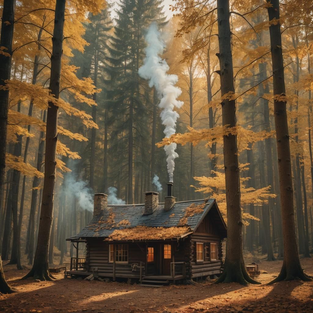 Cozy Cabin in Autumn Forest: Cinematic Film Still