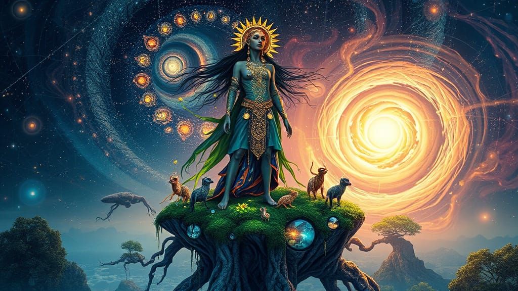 Mystical Shaman on Floating Island in Surreal Style